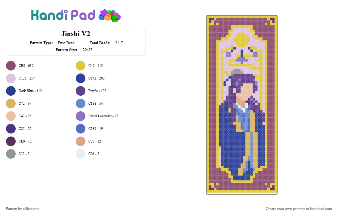 Jinshi V2 - Fuse Bead Pattern by elliebunns on Kandi Pad - yellow,pink,purple