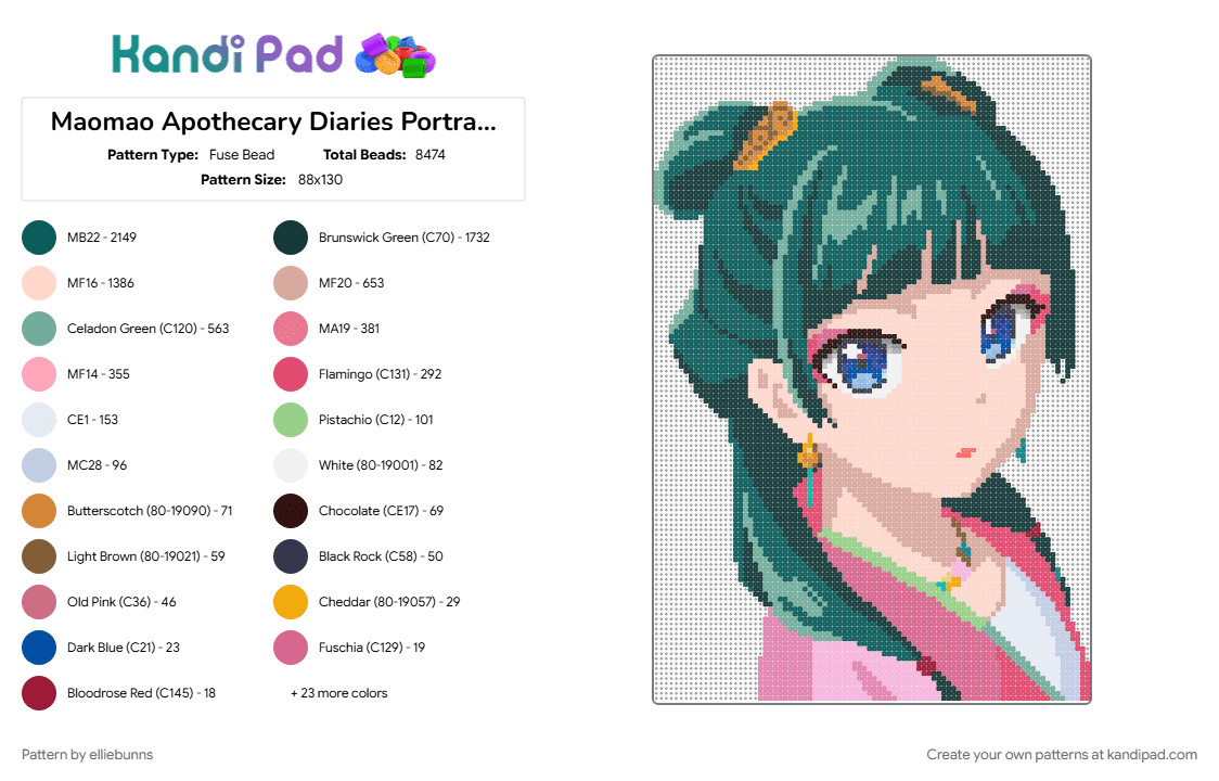 Maomao Apothecary Diaries Portrait 3v2 - Fuse Bead Pattern by elliebunns on Kandi Pad - beige, gray, pink, teal