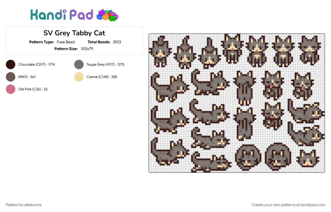 SV Grey Tabby Cat - Fuse Bead Pattern by elliebunns on Kandi Pad - brown, cat, concerned ape, gray, stardew, stardew valley, tabby, video game