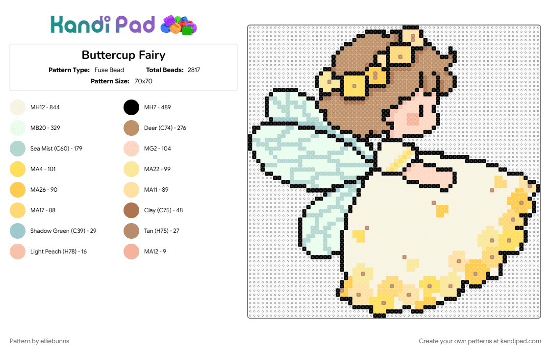 Buttercup Fairy - Fuse Bead Pattern by elliebunns on Kandi Pad - cute, fairy, flower, flowers, nature, tan, whimsy, white, wings, yellow