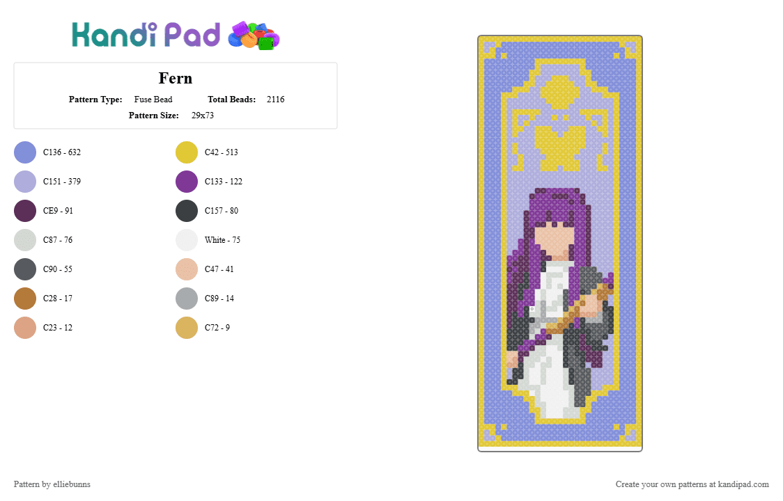 Fern - Fuse Bead Pattern by elliebunns on Kandi Pad - yellow,pink,blue,fern,frieren,beyond journeys end,anime