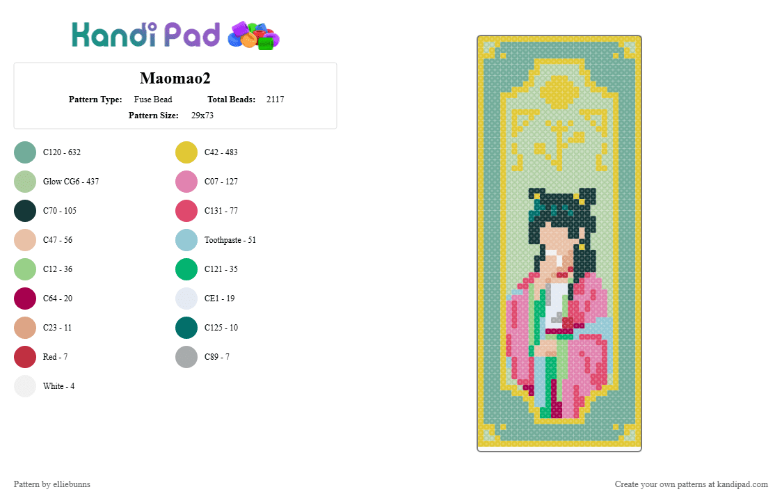 Maomao2 - Fuse Bead Pattern by elliebunns on Kandi Pad - yellow,teal,maomao,anime,apothecary diaries