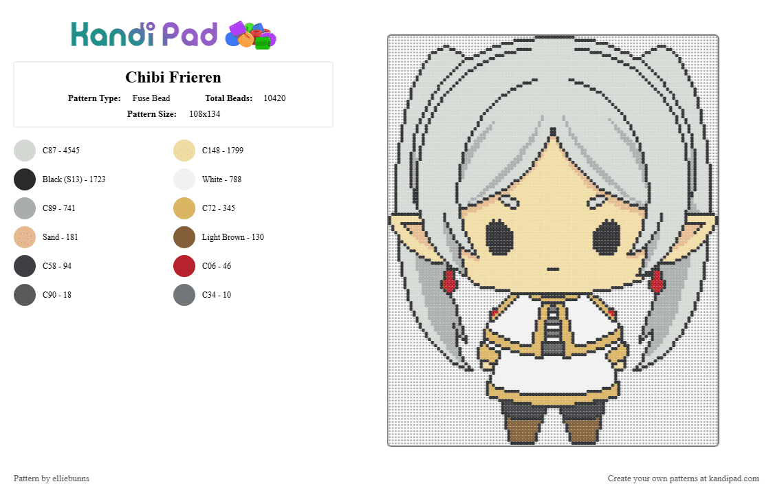 Chibi Frieren - Fuse Bead Pattern by elliebunns on Kandi Pad - white,gray,beige,frieren,beyond journeys end,chibi