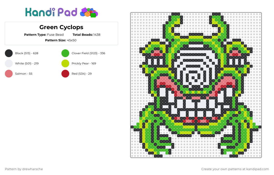 Green Cyclops - Fuse Bead Pattern by drewharsche on Kandi Pad - green,subtronics,cyclops,fibonacci,cyclopsarmy