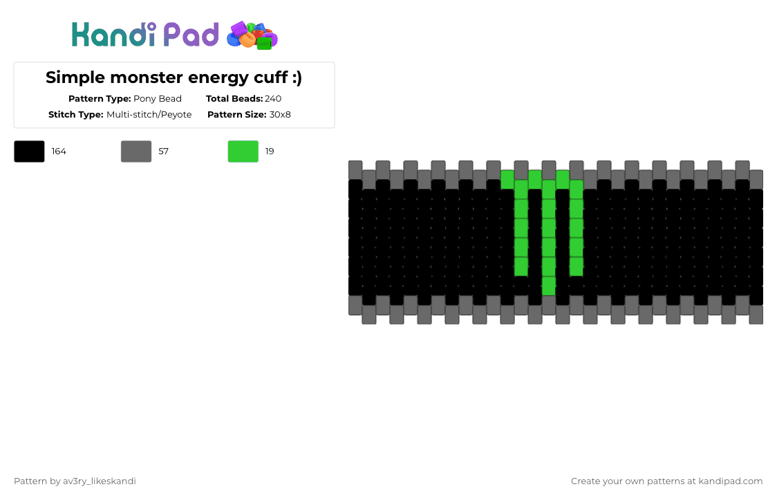 Simple monster energy cuff :) - Pony Bead Pattern by av3ry_likeskandi on Kandi Pad - black,gray