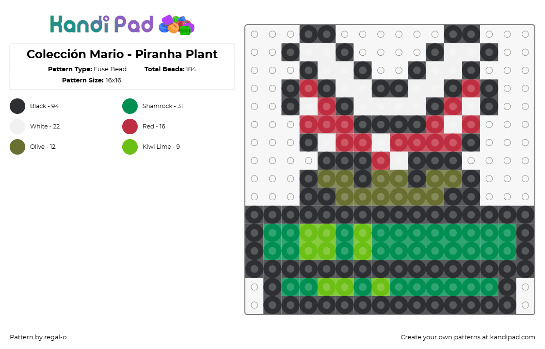 Colección Mario - Piranha Plant - Fuse Bead Pattern by regal-o on Kandi Pad - piranha plant,mario,pipe,nintendo,video game,green,red