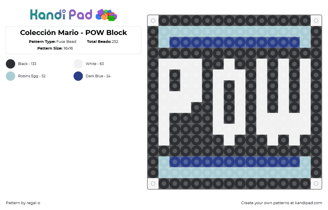 Colección Mario - POW Block - Fuse Bead Pattern by regal-o on Kandi Pad - pow,mario,nintendo,block,video game,black,white,blue