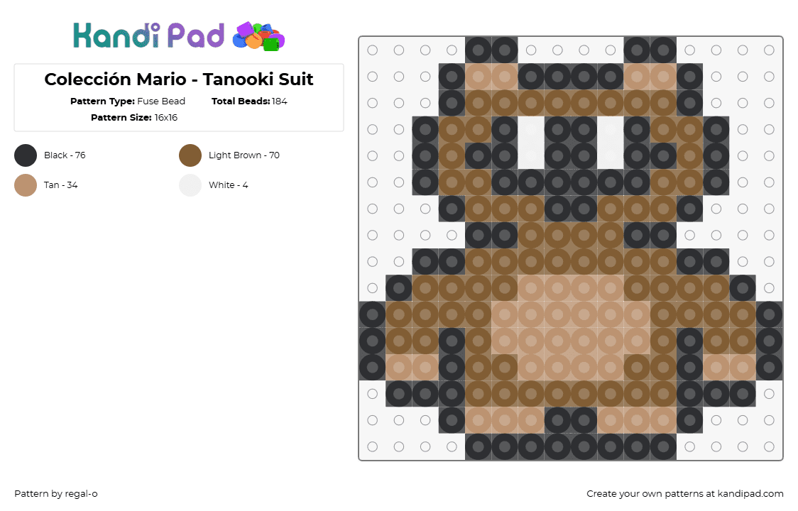 Colección Mario - Tanooki Suit - Fuse Bead Pattern by regal-o on Kandi Pad - tanooki,mario,nintendo,costume,raccoon,video game,brown,tan