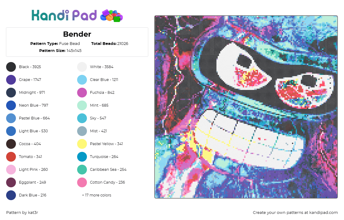 Bender - Fuse Bead Pattern by kat3r on Kandi Pad - bender,futurama,character,intense,tv show,animation,portrait,robot,evil,colorful