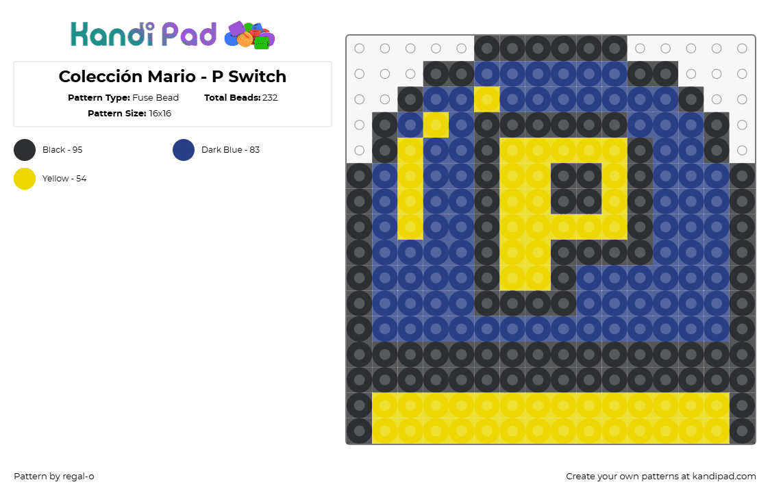 Colección Mario - P Switch - Fuse Bead Pattern by regal-o on Kandi Pad - p,switch,mario,button,nintendo,video game,blue,yellow