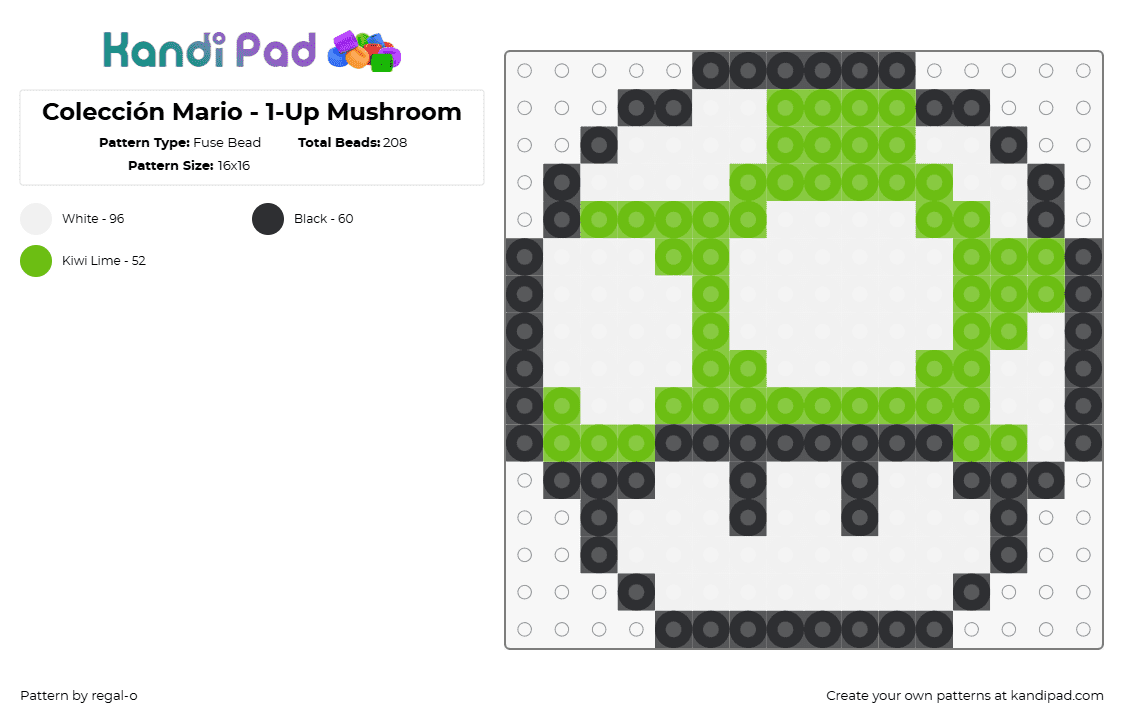 Colección Mario - 1-Up Mushroom - Fuse Bead Pattern by regal-o on Kandi Pad - 1up,mushroom,mario,nintendo,video game,green,white