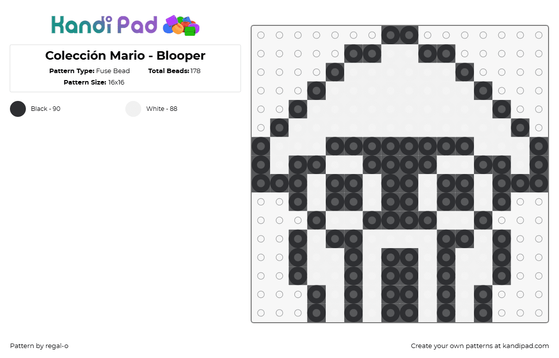 Colección Mario - Blooper - Fuse Bead Pattern by regal-o on Kandi Pad - blooper,mario,nintendo,squid,jellyfish,video game,black,white