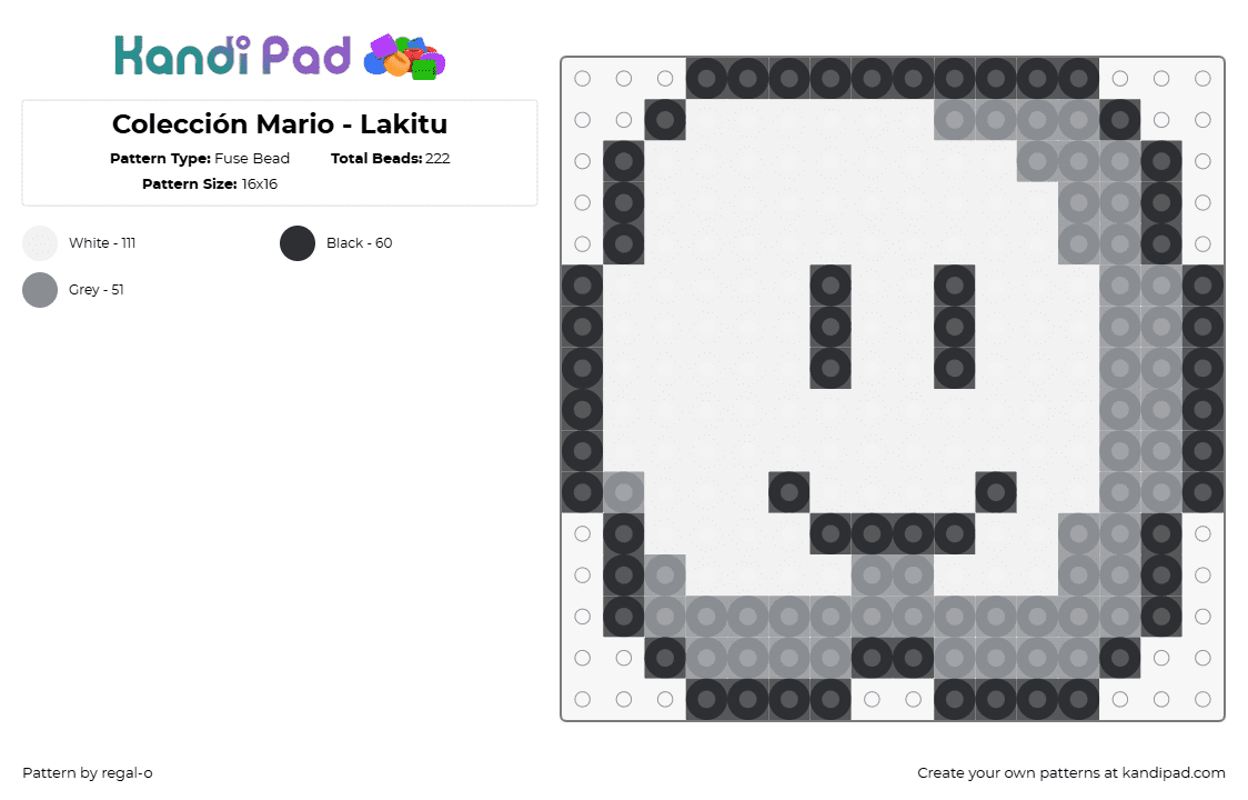 Colección Mario - Lakitu - Fuse Bead Pattern by regal-o on Kandi Pad - lakitu,mario,nintendo,cloud,video game,gray,white