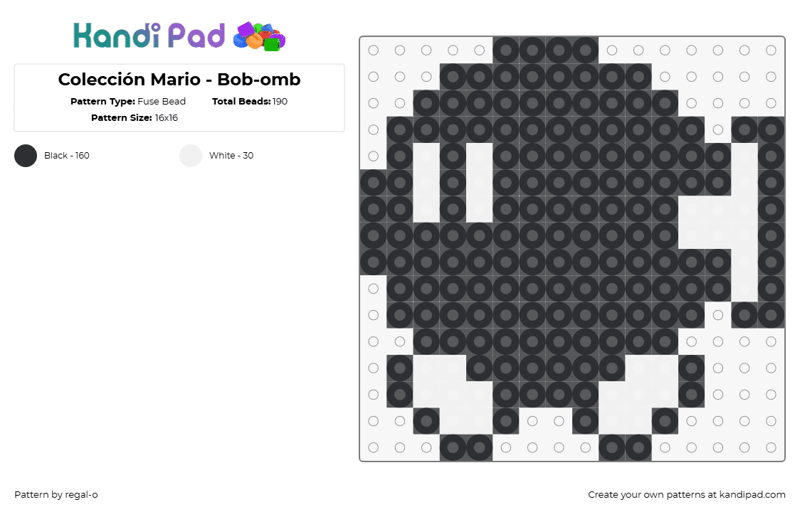 Colección Mario - Bob-omb - Fuse Bead Pattern by regal-o on Kandi Pad - bobomb,mario,nintendo,video game,black,white