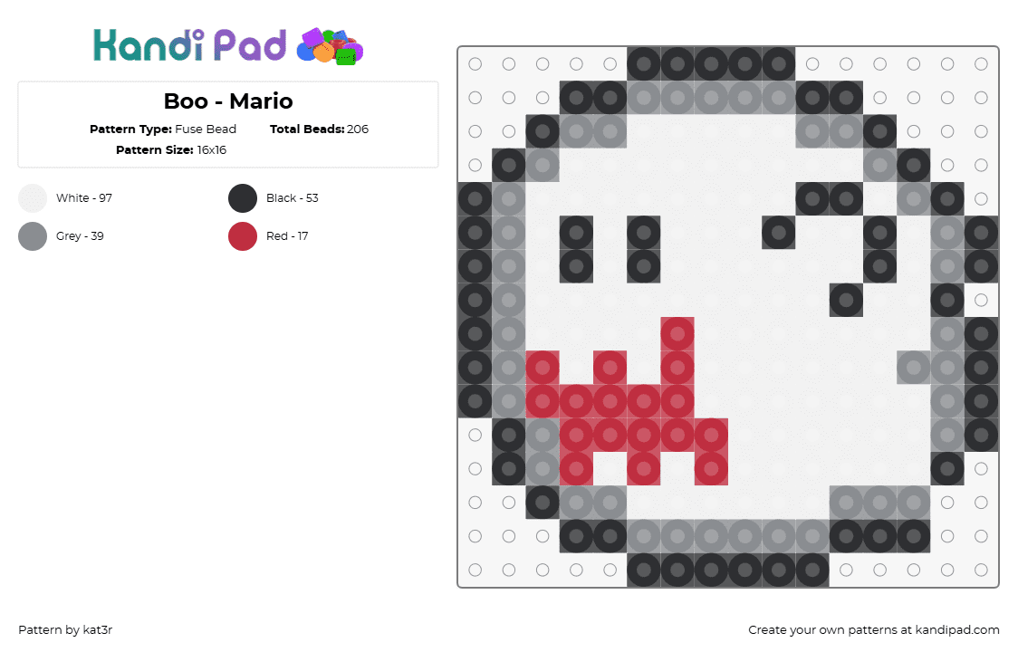 Colección Mario - Boo - Fuse Bead Pattern by regal-o on Kandi Pad - boo,mario,ghost,nintendo,character,video game,white,gray