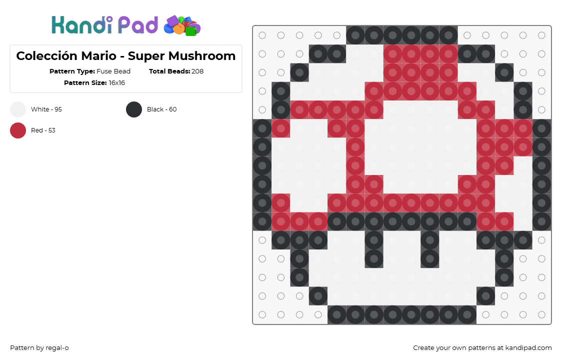 Colección Mario - Super Mushroom - Fuse Bead Pattern by regal-o on Kandi Pad - mushroom,mario,nintendo,video game,red,white