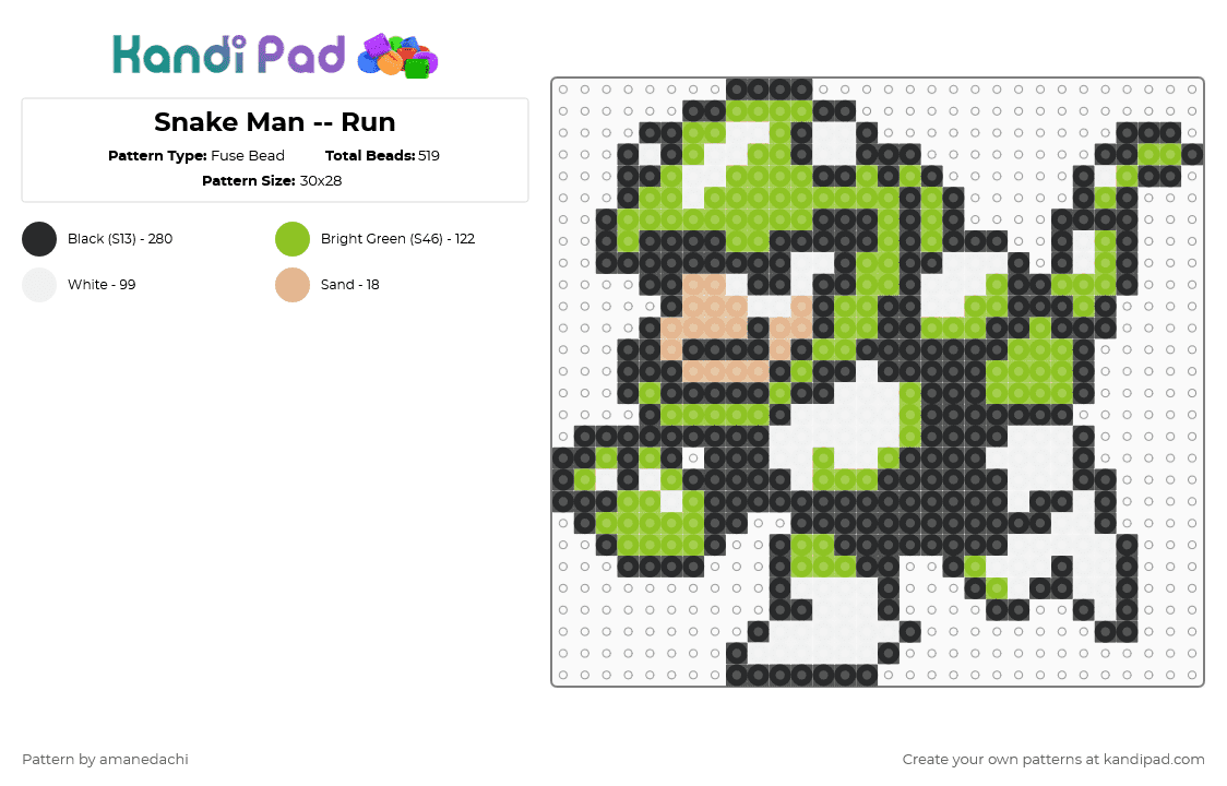 Snake Man -- Run - Fuse Bead Pattern by amanedachi on Kandi Pad - capcom, green, mega man, nes, snake man