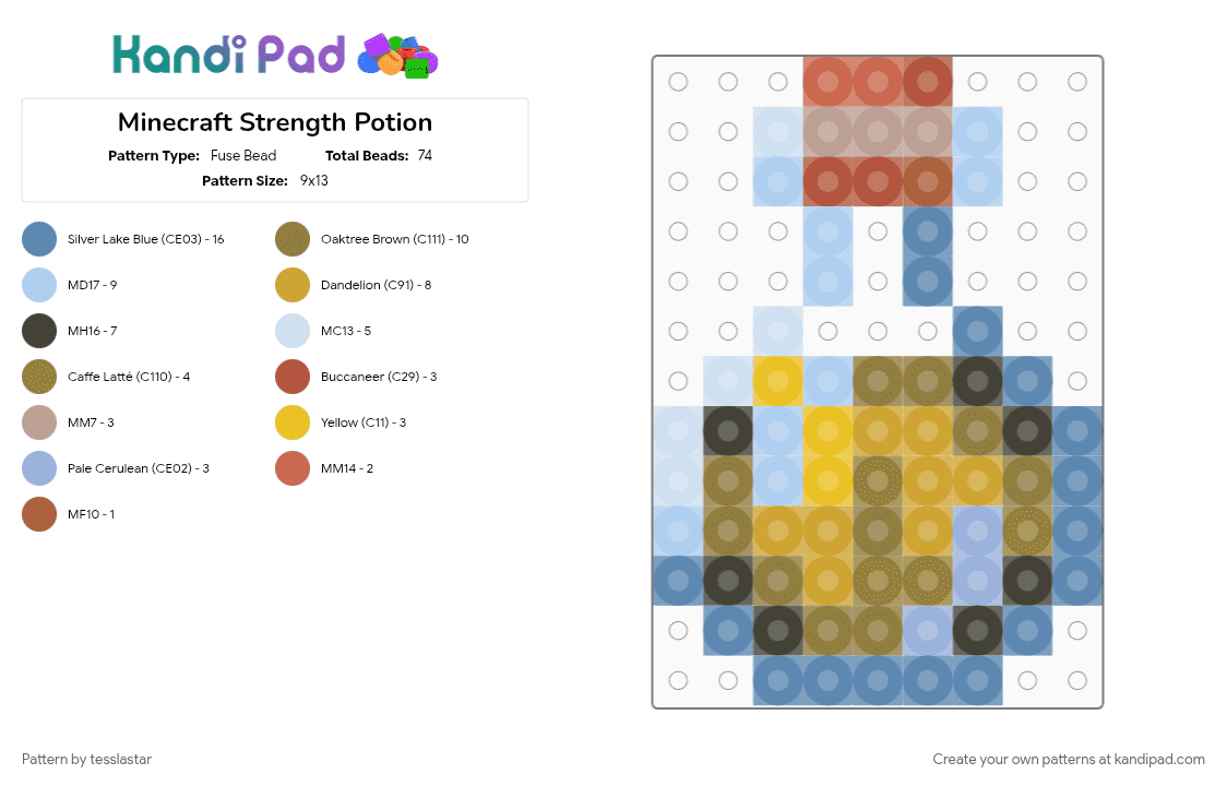 Minecraft Strength Potion - Fuse Bead Pattern by tesslastar on Kandi Pad - blue, gold, light blue, minecraft, orange, video game
