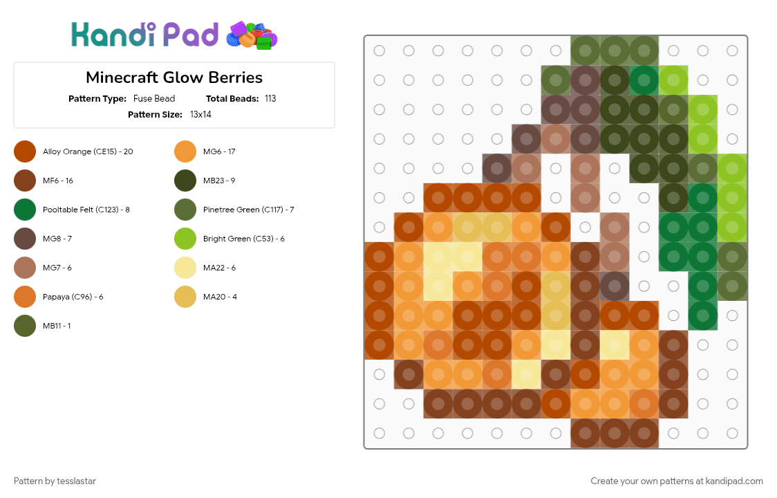 Minecraft Glow Berries - Fuse Bead Pattern by tesslastar on Kandi Pad - brown, cotdfruit, minecraft, orange, red, video game
