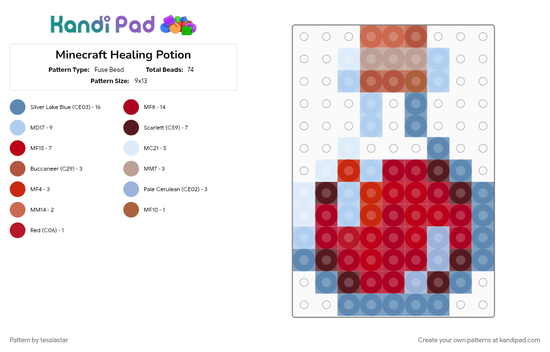 Minecraft Healing Potion - Fuse Bead Pattern by tesslastar on Kandi Pad - blue, minecraft, red, video game