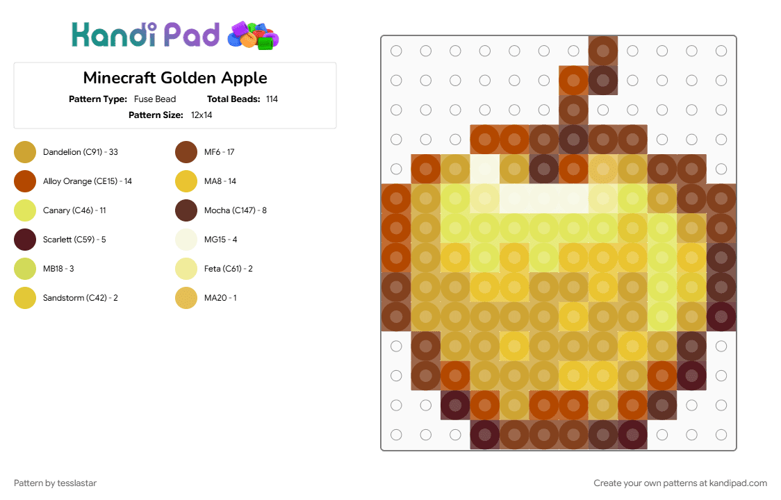 Minecraft Golden Apple - Fuse Bead Pattern by tesslastar on Kandi Pad - brown, cotdfruit, minecraft, orange, video game, yellow