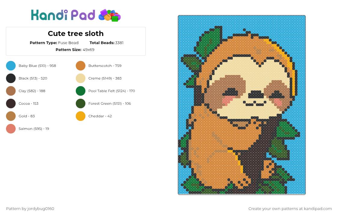 Cute tree sloth - Fuse Bead Pattern by jordybug0160 on Kandi Pad - orange,beige,light blue