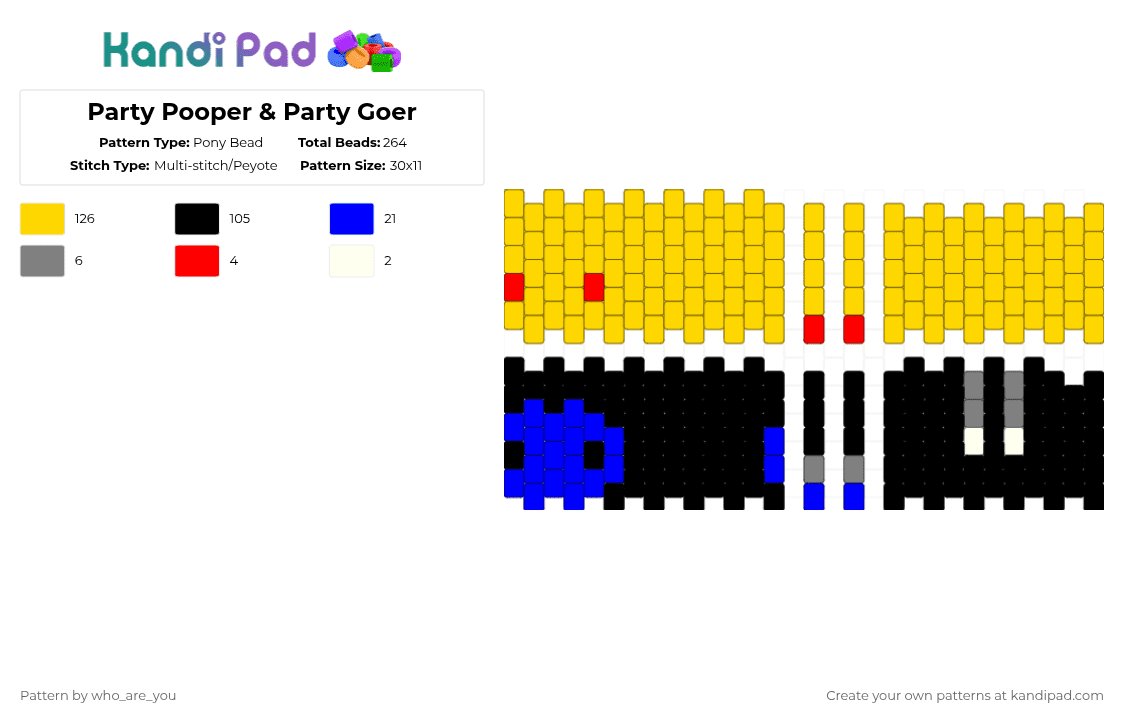 Party Pooper & Party Goer - Pony Bead Pattern by who_are_you on Kandi Pad - yellow,backrooms,party,blue,doll,easy,entity 67,entity 68