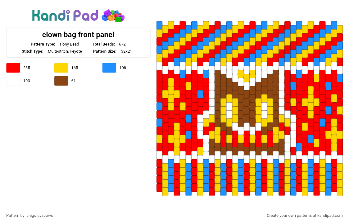 clown bag front panel - Pony Bead Pattern by ichigoluvscows on Kandi Pad - red,clown,primary colors,yellow,brown,blue,white,bag