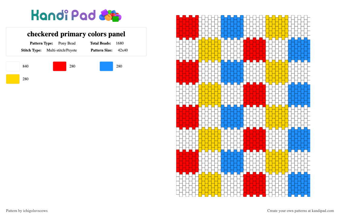 checkered primary colors panel - Pony Bead Pattern by ichigoluvscows on Kandi Pad - red,light blue,yellow,primary colors,panel,checkered