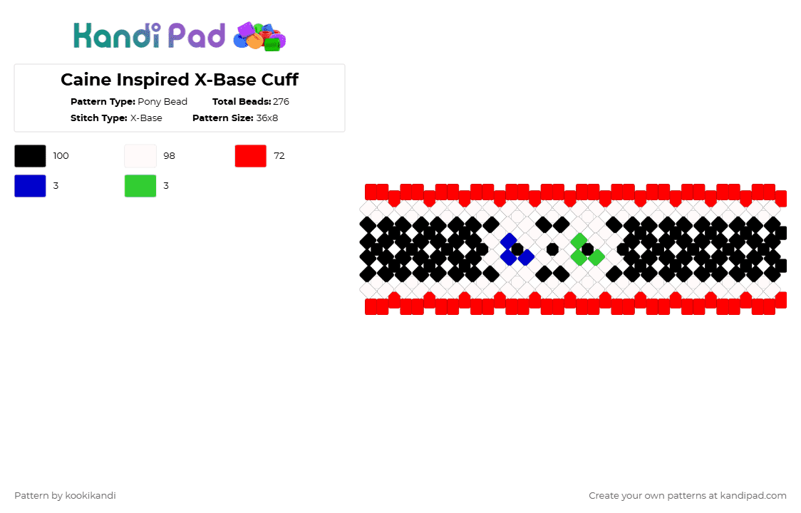 Caine Inspired X-Base Cuff - Pony Bead Pattern by kookikandi on Kandi Pad - white,red,caine,theamazingdigitalcircus,tdac,character,cartoon