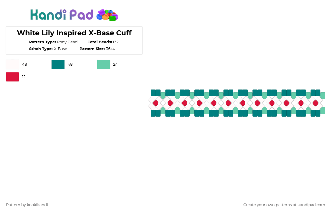 White Lily Inspired X-Base Cuff - Pony Bead Pattern by kookikandi on Kandi Pad - cookierun, crk, teal, whitelilycookie