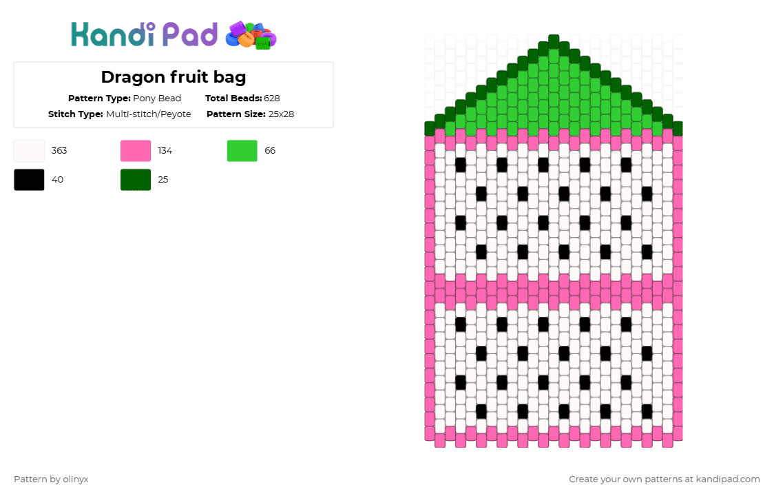 Dragon fruit bag - Pony Bead Pattern by olinyx on Kandi Pad - white,pink,green,dragon fruit,fruit,food
