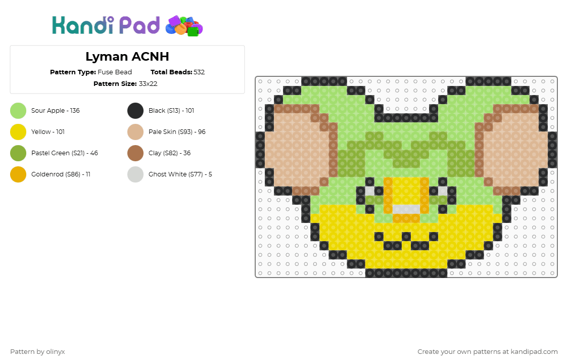 Lyman ACNH - Fuse Bead Pattern by olinyx on Kandi Pad - green,beige,yellow,lyman,animal crossing,animal crossing new horizons,character,video game,acnh