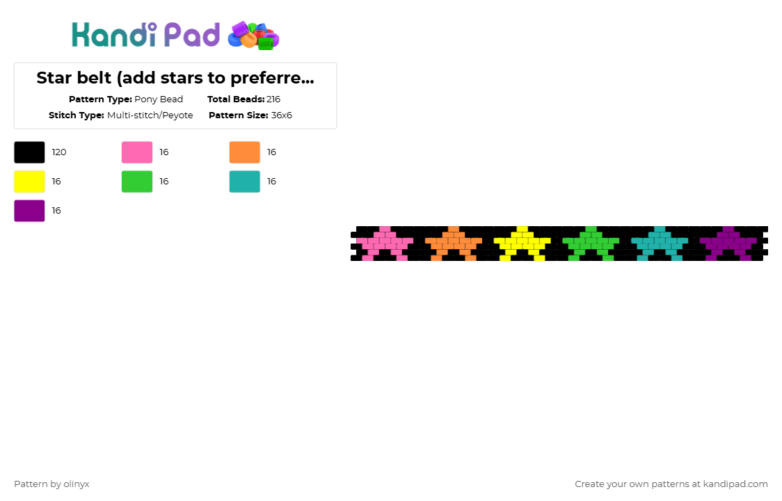 Star belt (add stars to preferred length) - Pony Bead Pattern by olinyx on Kandi Pad - black,pink,star,belt,rainbow,colorful