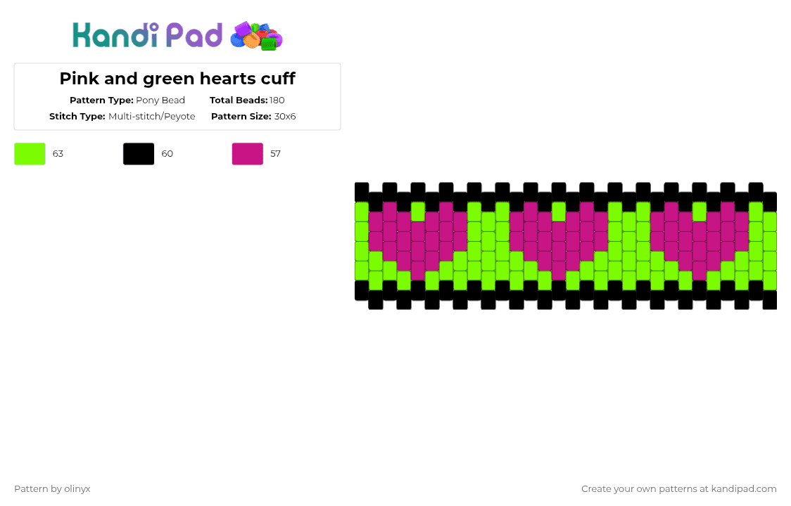 Pink and green hearts cuff - Pony Bead Pattern by olinyx on Kandi Pad - pink,green,heart,hearts,black
