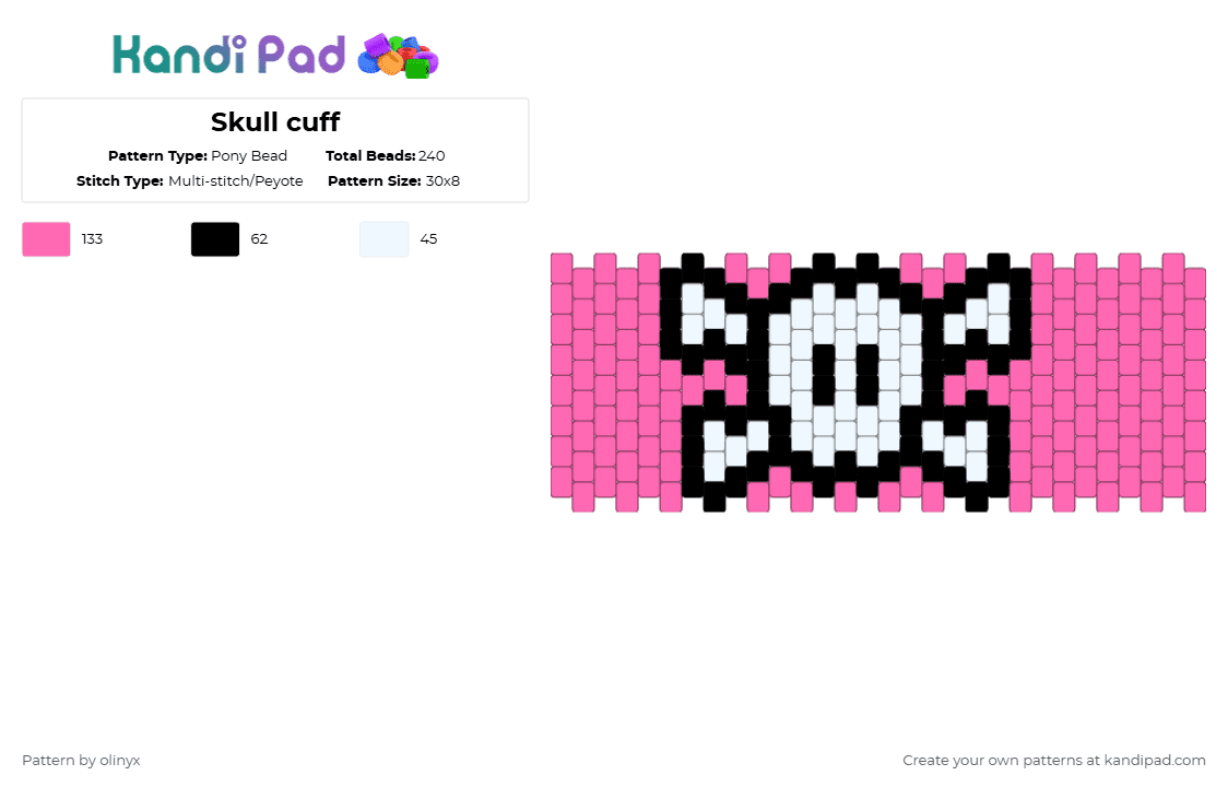 Skull cuff - Pony Bead Pattern by olinyx on Kandi Pad - pink,skull,black,white