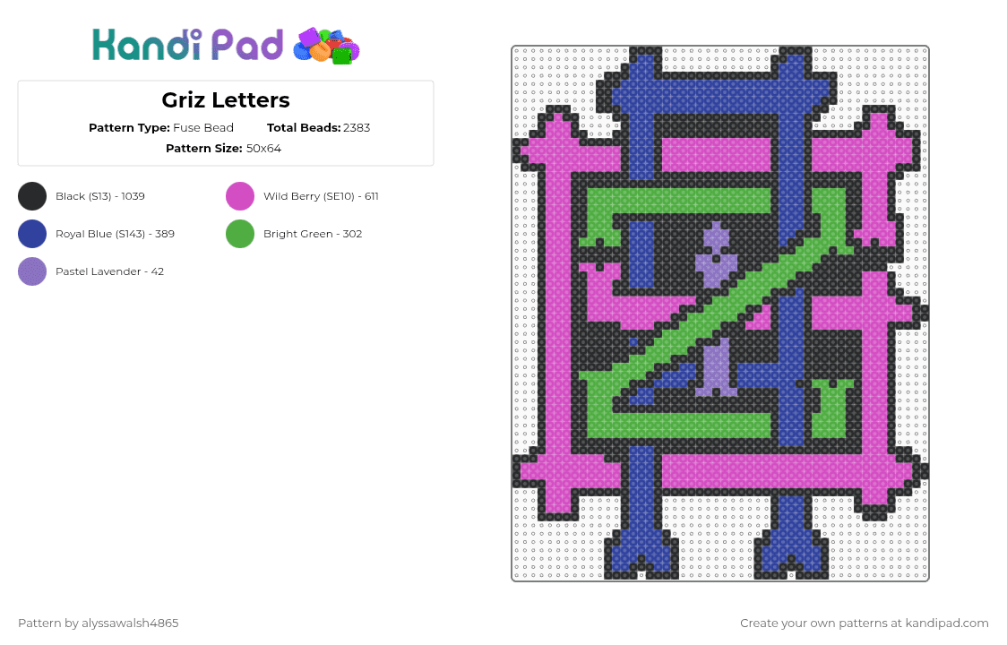 Griz Letters - Fuse Bead Pattern by alyssawalsh4865 on Kandi Pad - pink,purple,edm,griz