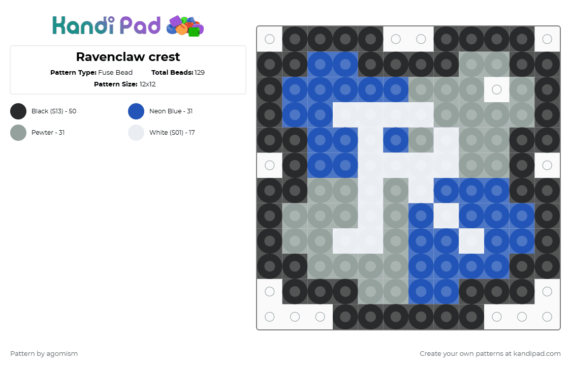Ravenclaw crest - Fuse Bead Pattern by agomism on Kandi Pad - ravenclaw,harry potter,crest,shield,movie,blue,gray