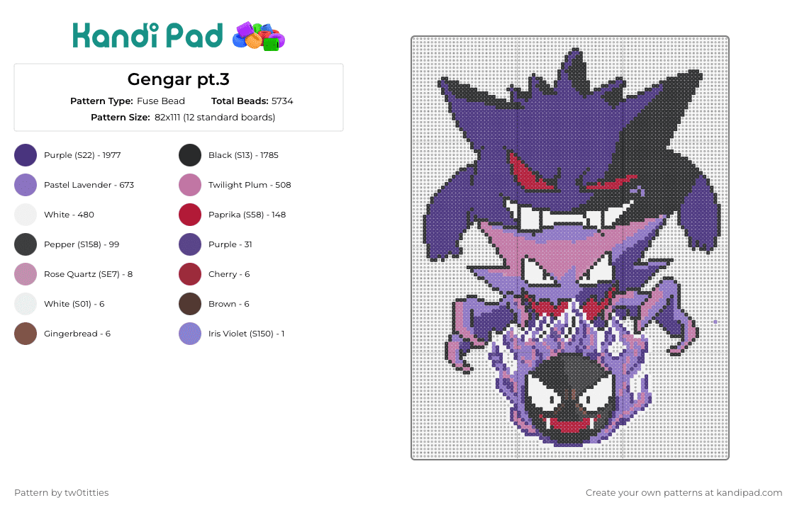 Gengar pt.3 - Fuse Bead Pattern by tw0titties on Kandi Pad - gengar,gastly,haunter,pokemon,ghost,anime,evolution,characters,gaming,purple,black