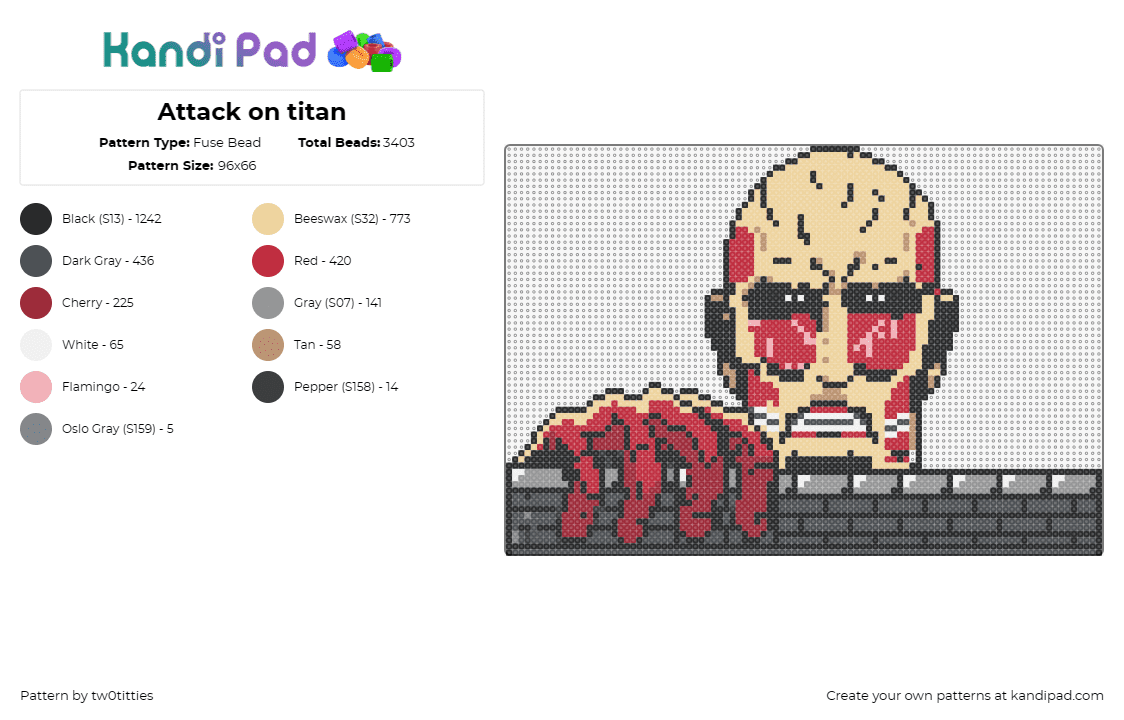 Attack on titan - Fuse Bead Pattern by tw0titties on Kandi Pad - colossal,attack on titan,anime,creepy,tv show,beige,red,gray