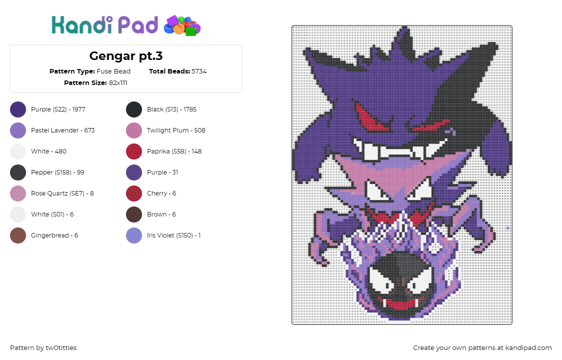 Gengar pt.3 - Fuse Bead Pattern by tw0titties on Kandi Pad - gengar,gastly,haunter,pokemon,ghost,anime,evolution,characters,gaming,purple,bla