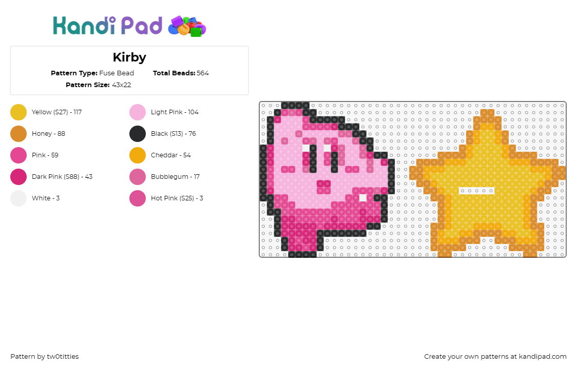 Kirby - Fuse Bead Pattern by tw0titties on Kandi Pad - kirby,nintendo,star,character,jump,cute,video game,pink,yellow