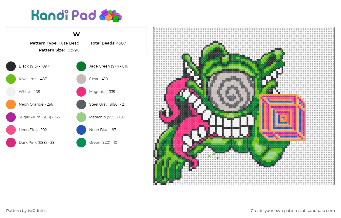 w - Fuse Bead Pattern by tw0titties on Kandi Pad - subtronics,cyclops,tesseract,colorful,dj,edm,music,bright,green,pink