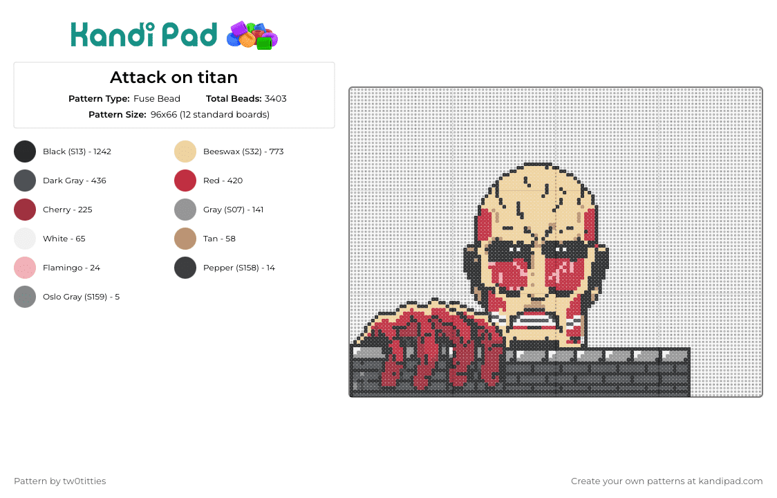 Attack on titan - Fuse Bead Pattern by tw0titties on Kandi Pad - colossal,attack on titan,anime,creepy,tv show,beige,red,gray