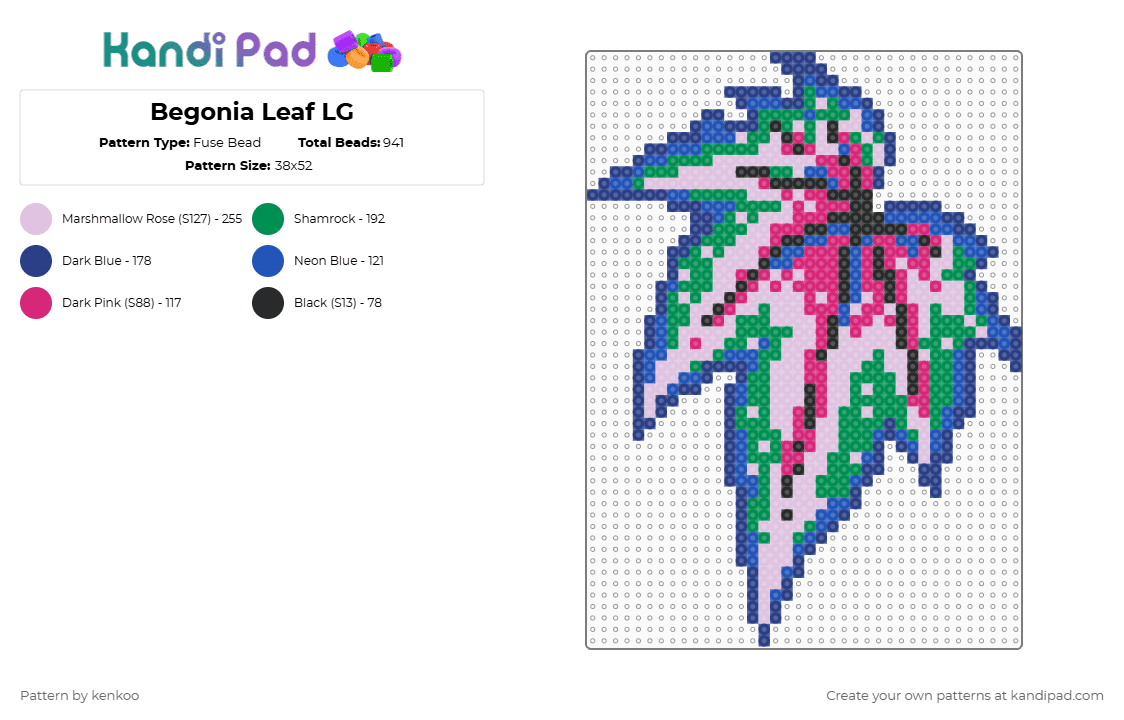 Begonia Leaf LG - Fuse Bead Pattern by kenkoo on Kandi Pad - blue,pink