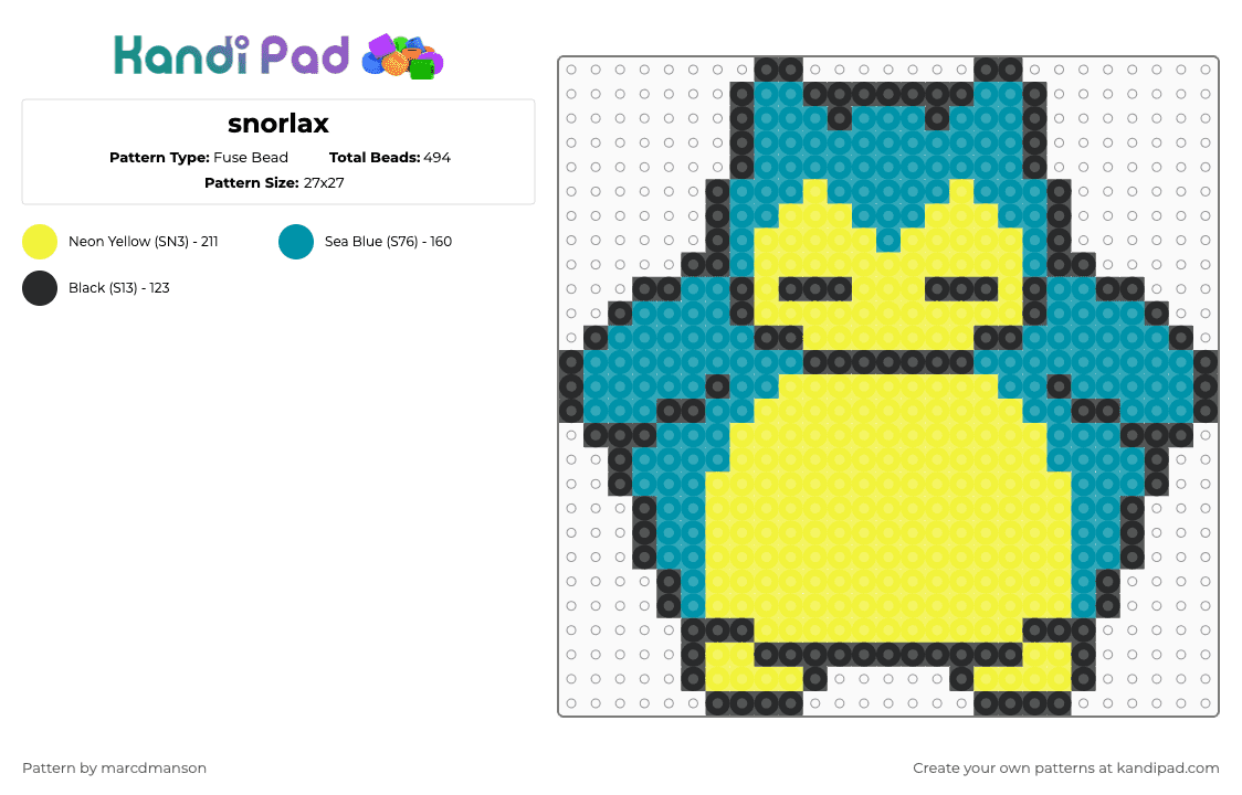 snorlax - Fuse Bead Pattern by marcdmanson on Kandi Pad - yellow,teal