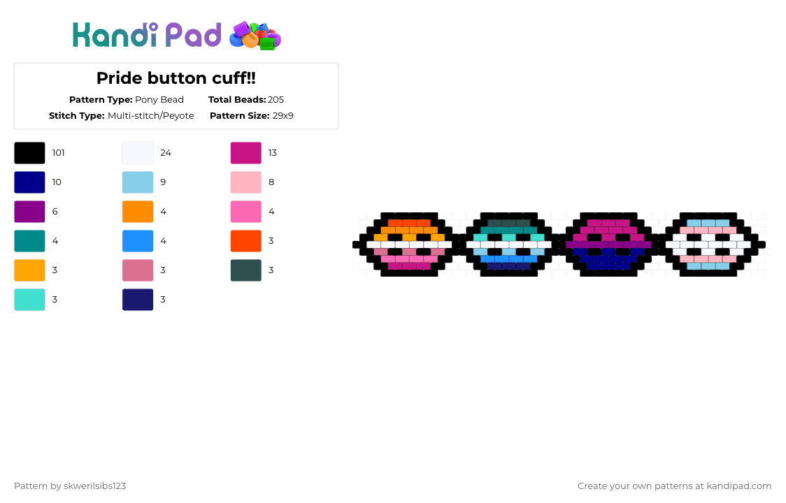 Pride button cuff!! - Pony Bead Pattern by skwerilsibs123 on Kandi Pad - black,pink,light blue,purple,cotdbuttons,pride
