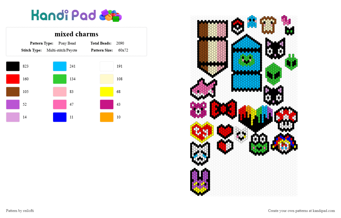 mixed charms - Pony Bead Pattern by reilofti on Kandi Pad - light blue,red,pink,yellow