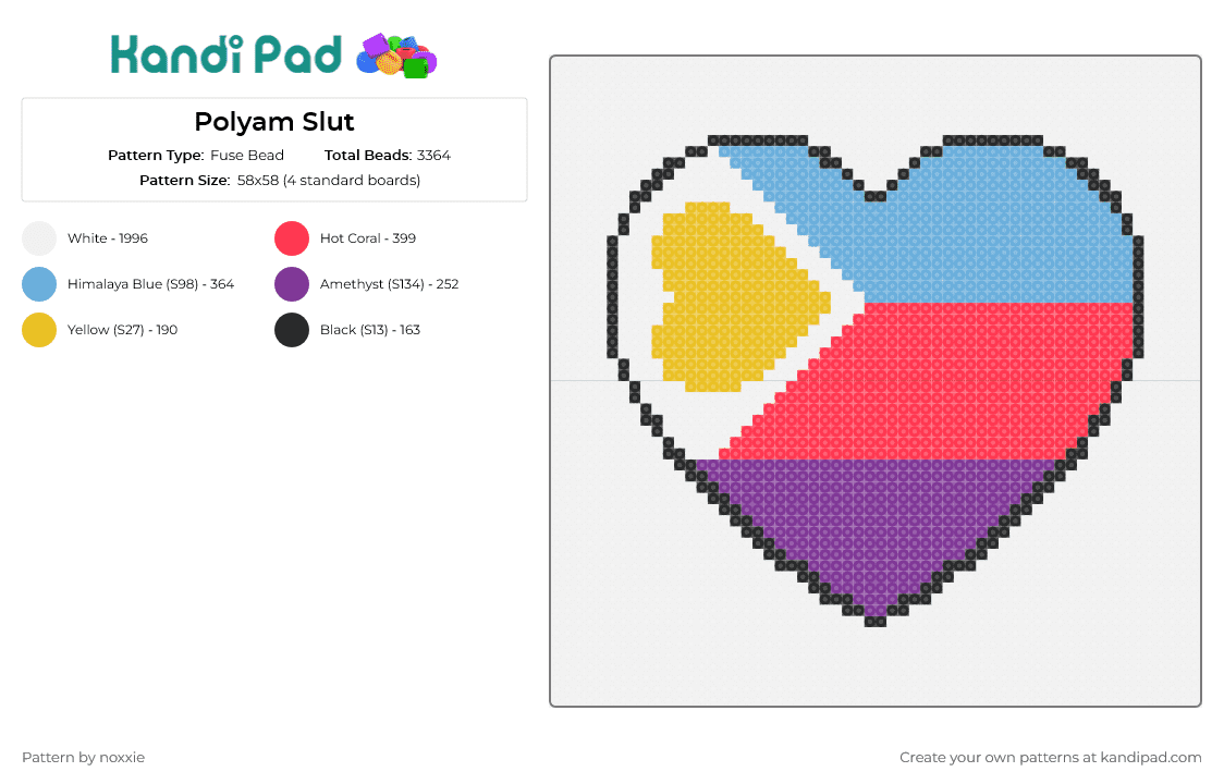 Polyam Heart - Fuse Bead Pattern by noxxie on Kandi Pad - polyamorous,pride,heart,love,flag,purple,red,light blue,yellow