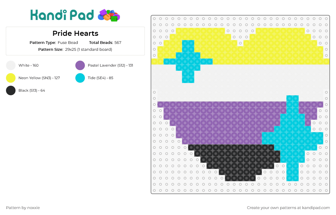 Pride Hearts - Fuse Bead Pattern by noxxie on Kandi Pad - nonbinary,pride,heart,sparkles,inclusion,self-expression,celebration,diversity,joy,yellow,purple